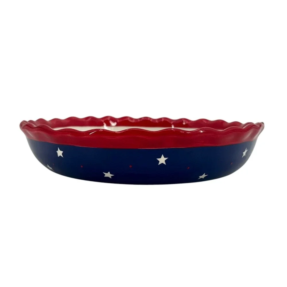 Americana Patriotic Apple Pie Recipe Stoneware Pie Plate 10 Inch Red White Blue